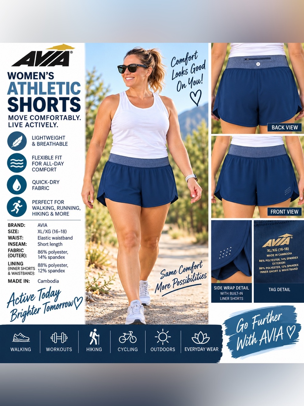 Avia Women's Navy Blue Athletic Shorts with Heathered Gray Waistband